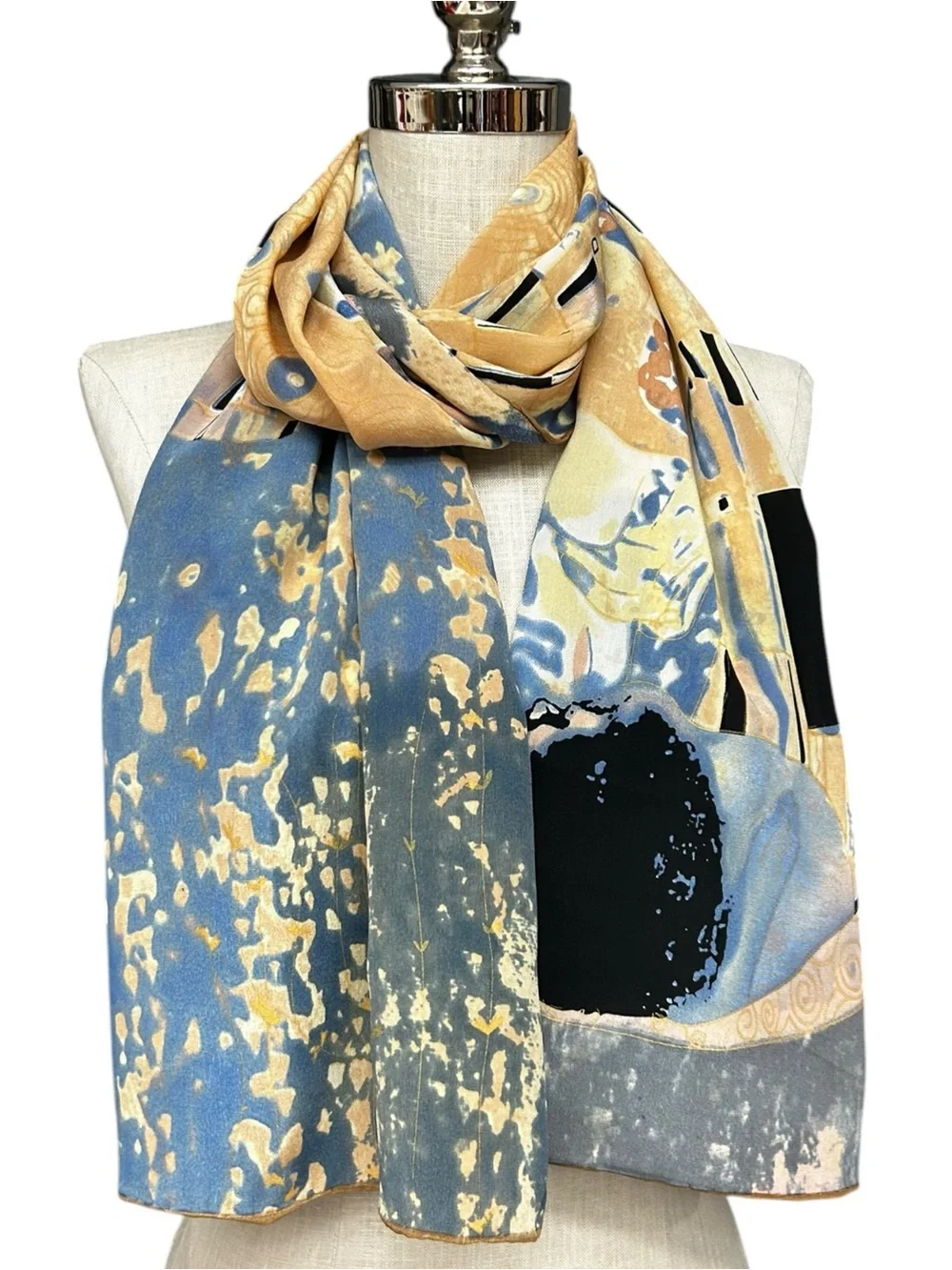 Gustav Klimt The Kiss Art Print 100% Silk Oblong Scarf Blue Gold 62x16